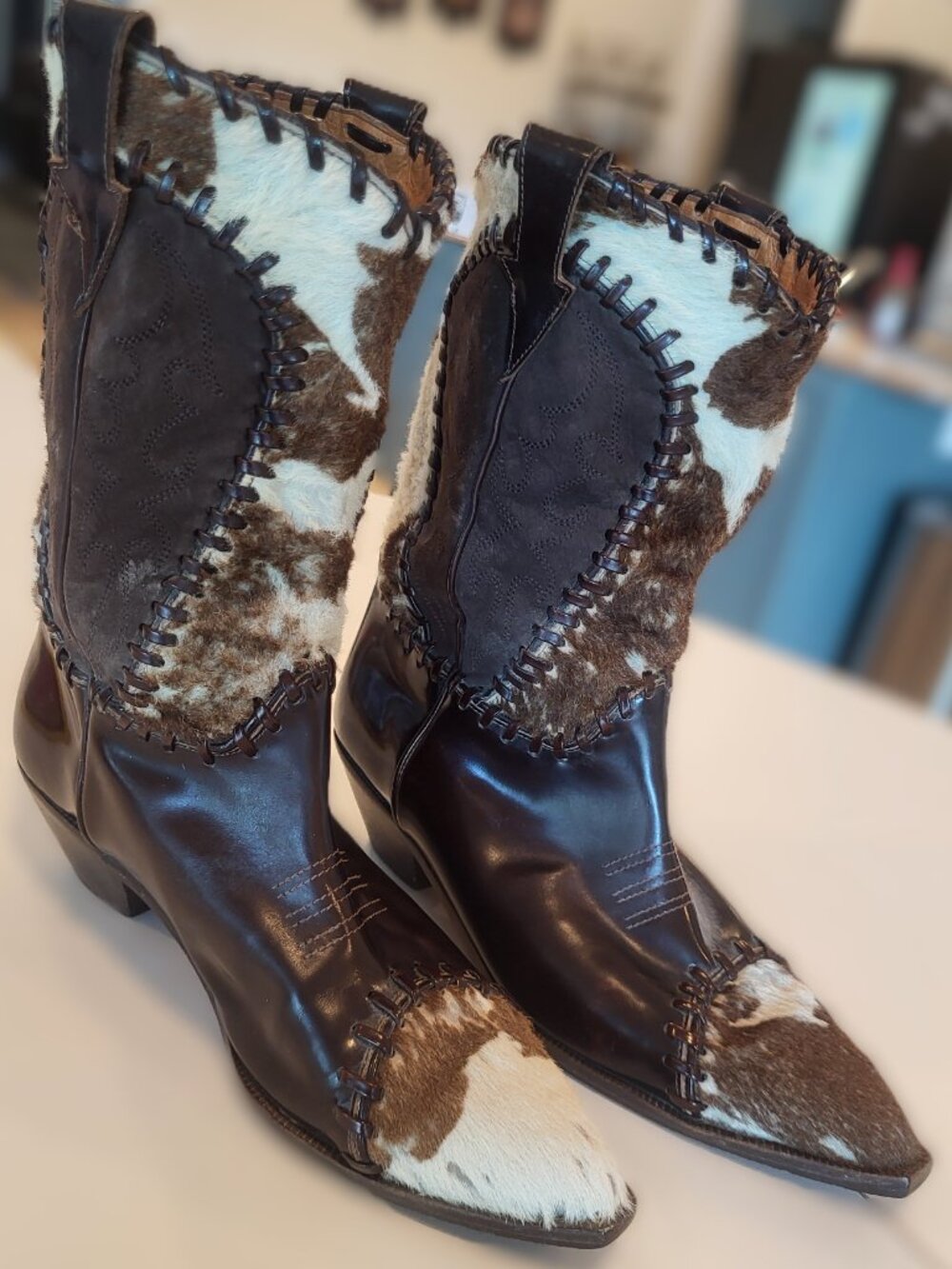 VINTAGE Donald J Pliner Western Couture Cowhide Whipstitch Boots Size 7 Italy - Picture 4 of 7